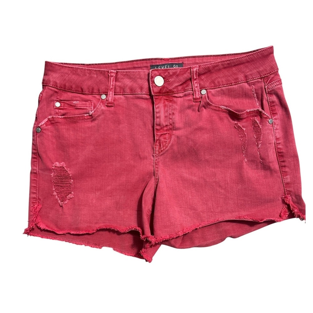 Level 99 Adelynn Distressed Denim Shorts Tulip Red Frayed Hem JA1451 Size 29